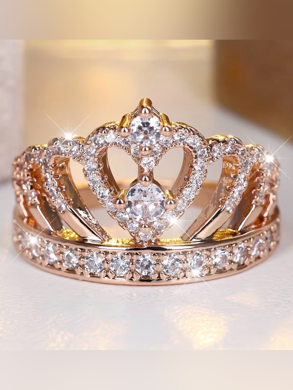 Elegant Rose Gold Heart Tiara Ring with Crystal Accents